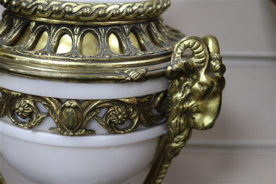 A pair of Louis XVI style white marble and gilt metal cassolettes, height 44.5cm